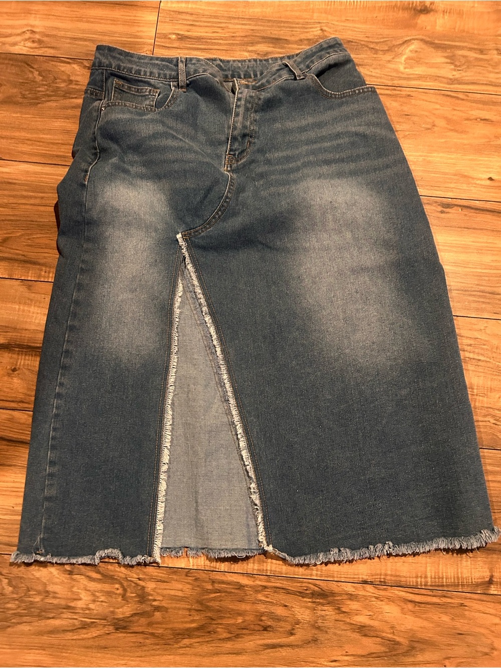 Classic Blue Denim Midi Skirt with Front Slit